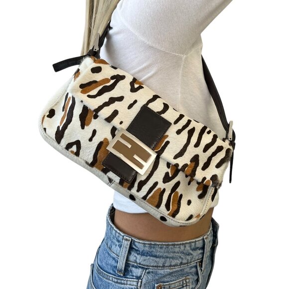 FENDI Vintage FF Leopard Mamma Baguette Shoulder Bag Pony Calf Hair [106318] - Picture 1 of 13